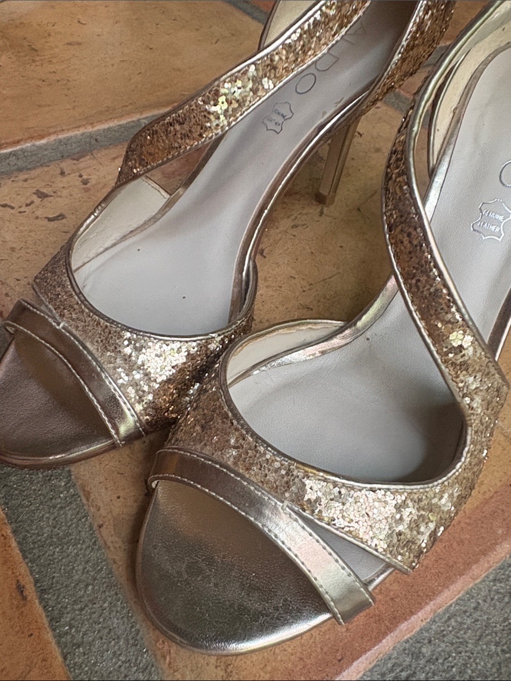 ALDO Gold Glitter Open-Toe Heels, Size 8